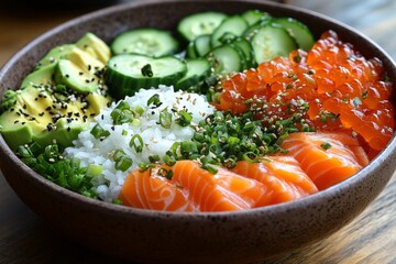 A vibrant deconstructed sushi bowl with fresh ingredients like salmon, avocado, cucumber, and rice, arranged artfully in a minimalist style. Generative AI