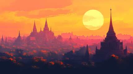 Fototapeta premium Illustration of digital art of a ayuthaya city skyline at sunset. Thai Temple. Illustration