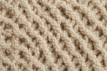 Close up of a hand knitted wool texture in soft cream with visible stitch patterns, Ai Generated