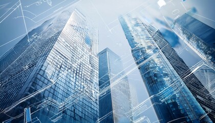 Fototapeta premium overlay of architectural blueprints on a city