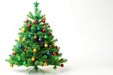 Fototapeta premium Reflected green Christmas tree with colored garlands on a white background