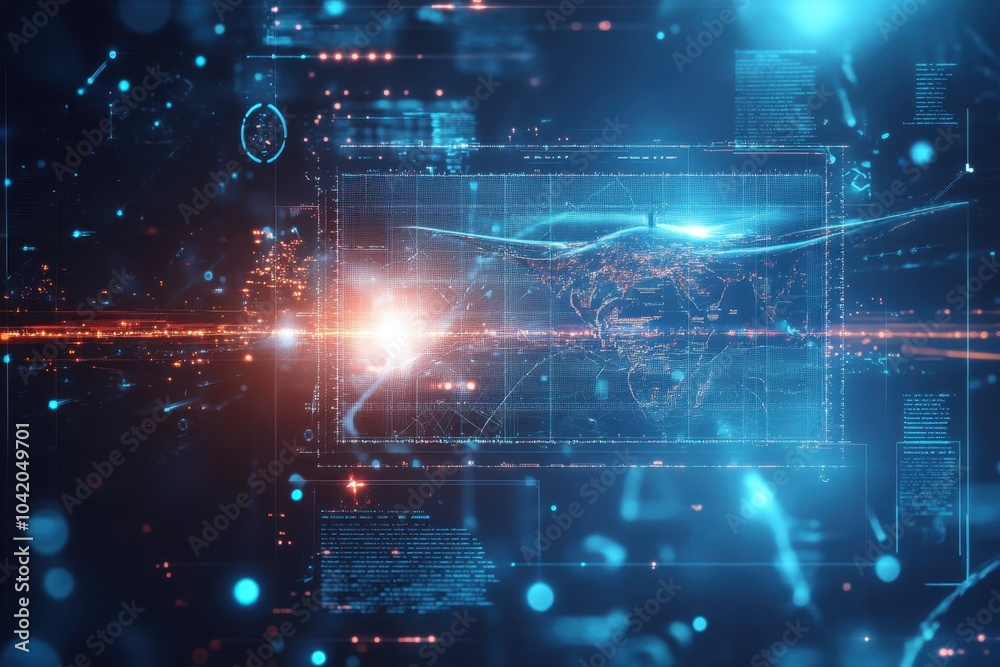 Poster tech visualization of data analysis and global connectivity in digital format