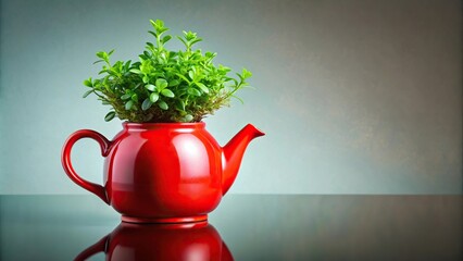 Reflected green house plant in red teapot flowerpot on white background