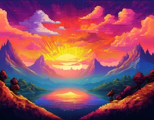 pixel art landscape with a vibrant sunset glowing clouds and multicolored mountains in the background