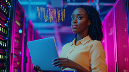 IT Support Engineer in Server Room with Laptop and Network Cables