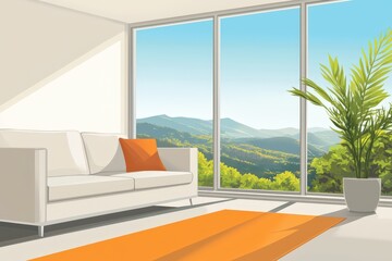 Fototapeta premium Bright living room with mountain view and modern decor during a clear summer day