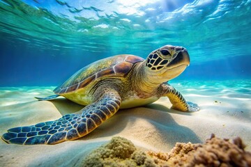 Reflected green sea turtle resting on sandy reef