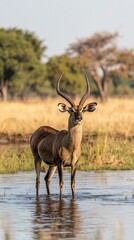 Fototapeta premium Majestic antelope stands gracefully in shallow waters at golden hour in Africa’s wild landscape