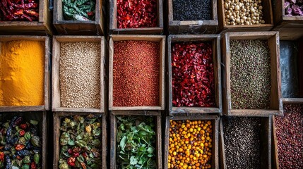 Variety of colorful spices and herbs displayed in wooden boxes