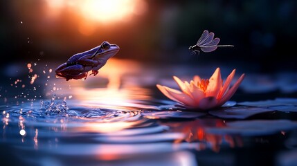 A frog leaps towards a water lily with a dragonfly hovering above, all bathed in the golden light of a setting sun.