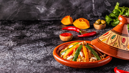 Vegetable tagine with almond and chickpea couscous.