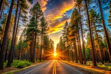 Obraz premium Sunset Over a Road in Pine Forest - Magical Golden Light Panoramic Photography