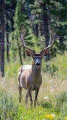 Obraz premium Majestic buck stands regal in a sunlit forest clearing during summer days