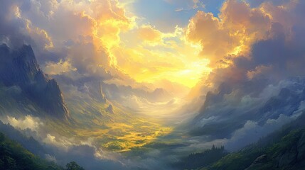 Fototapeta premium Golden sunlight streaming through clouds at dawn, illuminating a quiet valley