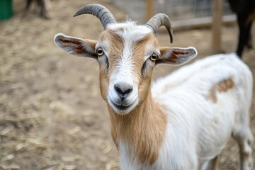 Charming young goat gazes curiously while exploring a rustic farmyard setting