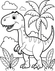 Drawing dinosaur black line art coloring page, cute doodle dinosaur outline coloring book for kids.