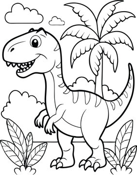 hand-drawn cute dinosaur drawing black line art coloring page, dinosaur kids coloring book.