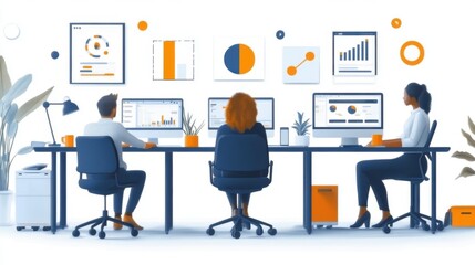 Team collaborating in an office with data visualizations displayed.