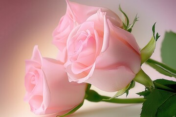 Delicate pink roses with soft petals basking in gentle light at sunrise