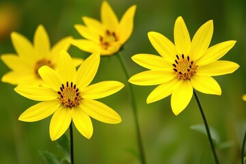 Obraz premium Vibrant yellow wildflowers bloom under soft sunlight in a lush green meadow