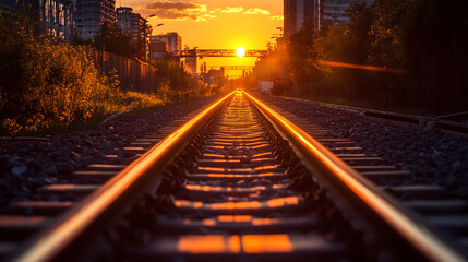 Fototapeta premium Golden Sunset Over Railroad Tracks Journey Destination Travel Photography