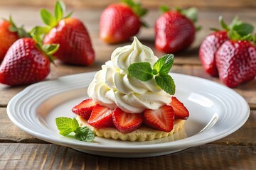 Plate of dessert with strawberries and whipped cream on top
