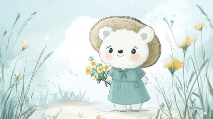 Cute bear character cartoon wearing a cute dress and holding a flowers