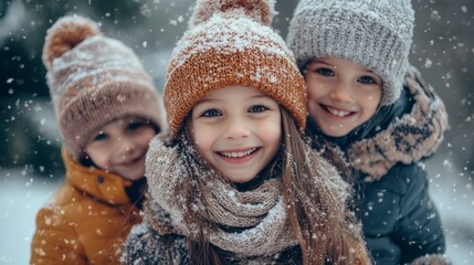 Three children are smiling and wearing hats and scarves in the snow