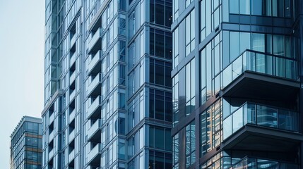 Close-up of a modern skyscraper in Chicago, showcasing its unique architectural design and windows. Minimalist