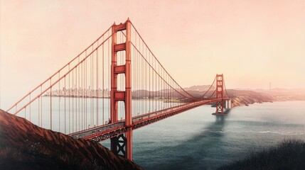 Obraz premium Iconic Golden Gate Bridge Panorama Majestic Red Towers and Tranquil Dawn Skyline View