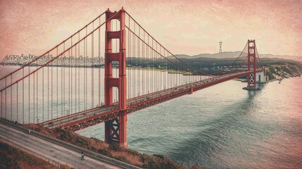 Obraz premium Majestic Golden Gate Bridge Iconic Red Structure Over Tranquil Waters and Hazy Cityscape