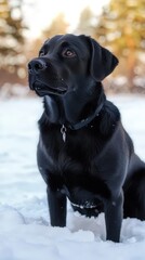 A handsome black dog exploring a snowy landscape during a bright winter day