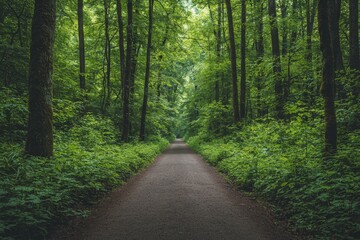 Fototapeta premium Enchanting Forest Path Serene Green Canopy Tranquility, Natural Exploration Symmetrical Wilderness Trail for Eco-Adventures