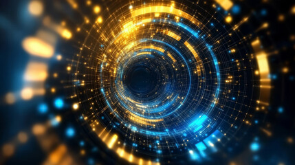 Creative blue and golden tech circle on dark abstract background. Big data and futuristic digital technology concept.