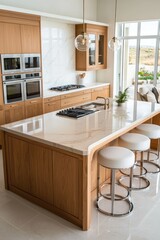 Fototapeta premium Luxurious Kitchen Island Design with Modern Elegance and Natural Light - Contemporary Interior Concept