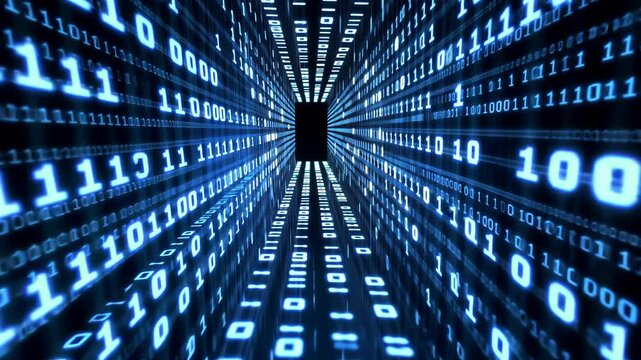 A digital tunnel made of binary code stretches into the distance, creating an illusion of depth and technology