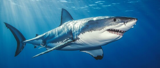 Obraz premium Majestic Great White Shark in Deep Blue Ocean Waters - Predatory Power and Natural Beauty in Close-Up Encounter - Aquatic Adventure and Marine Life Exploration Concept