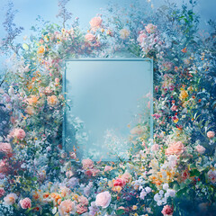 illustration of portrait oriented blank frame nestled among a lush arrangement of roses and other flowers with a soft blue backdrop AI generative
