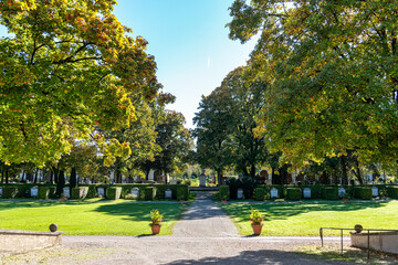 Autumn view of the Northern Cemetery, one of the largest cemeteries in Munich, Germany