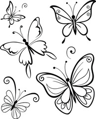Hand Drawing cute butterfly flying black line art coloring page, outline butterfly coloring book.