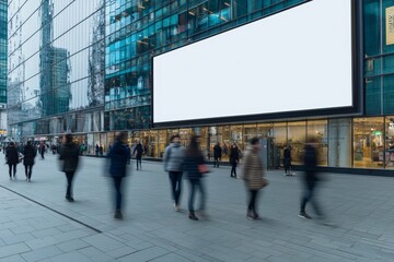Urban Metropolis Dynamic Cityscape with Blank Billboard on Glass Building Facade in Dusk Light