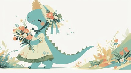 Cute Dinosaur character cartoon wearing a cute dress and holding a flowers