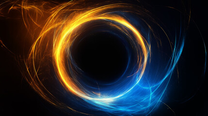 Abstract glowing light effect circle isolated on dark background, round sparcles and light lines in golden and blue color. Science, universe, futuristic digital technologies background.
