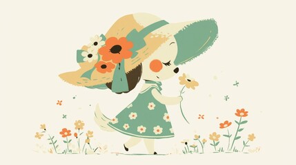 Naklejka premium Cute dog character cartoon wearing a cute dress and holding a flowers