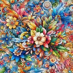 A colorful picture of flowers and leaves with