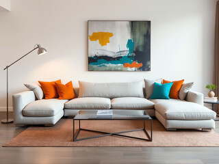 A contemporary living room featuring a spacious layout and a prominent large painting adorning the wall
