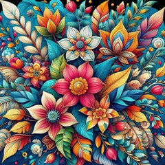 A colorful picture of flowers and leaves with