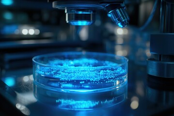 A glowing petri dish with vibrant particles in a futuristic biotechnology lab, symbolizing scientific research, microbiology, and innovative technology. Ideal for themes of laboratory technology.