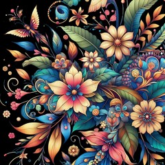 A colorful picture of flowers and leaves with