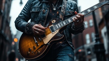 Naklejka premium A man is playing a guitar on a street
